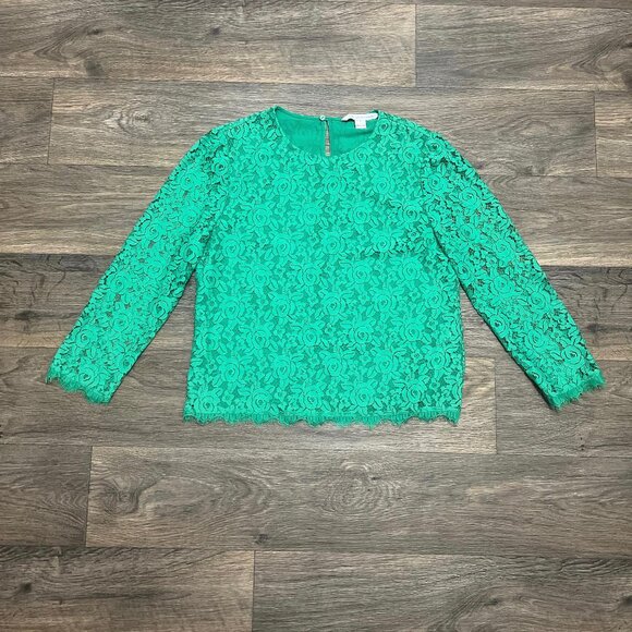 Diane Von Furstenberg Brielle Top Kelly Green Lace Blouse Christmas Size 8 - Picture 5 of 9